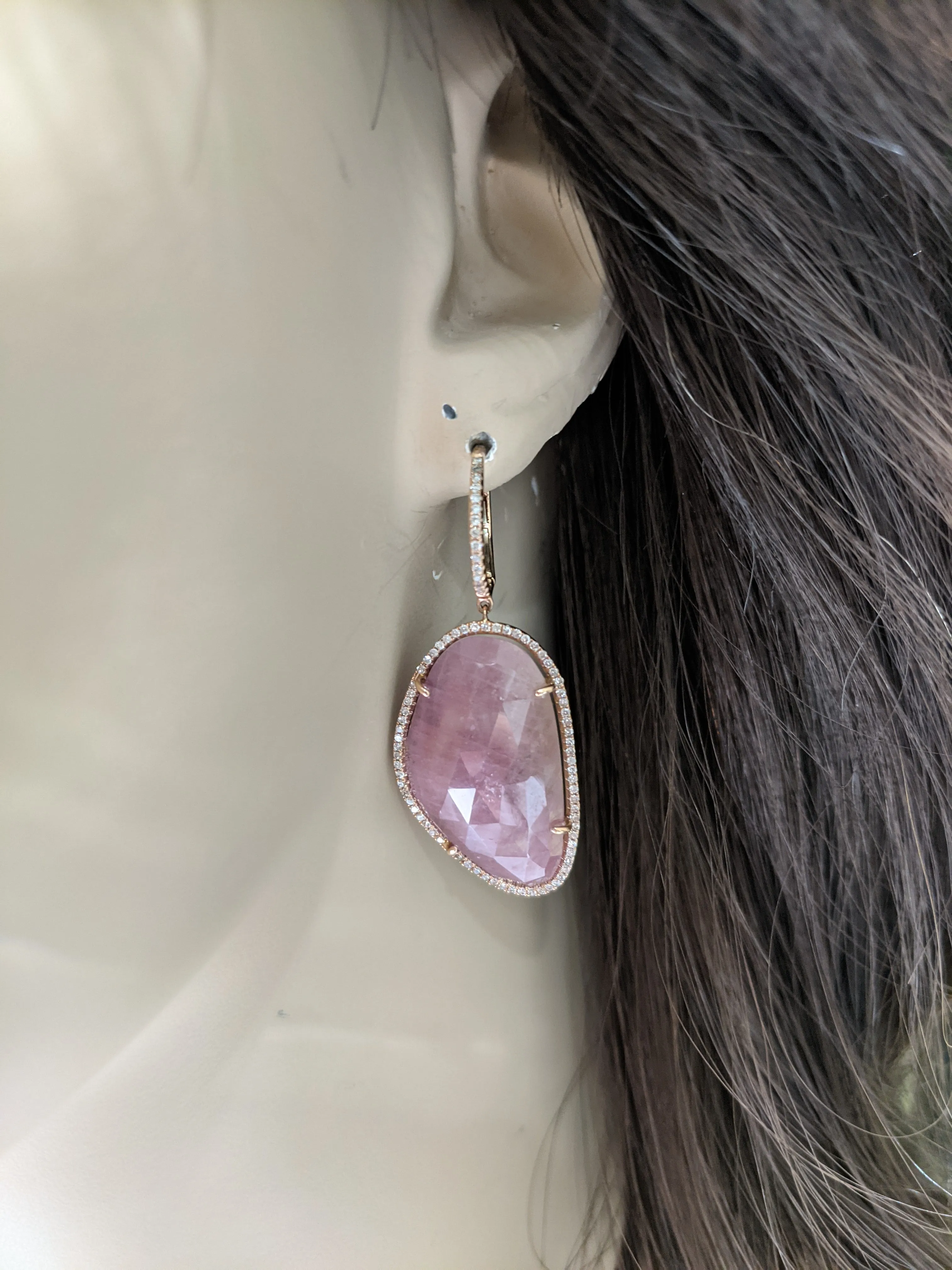 14K Rose Gold And Diamond Sliced Sapphire Natural Stone Earrings
