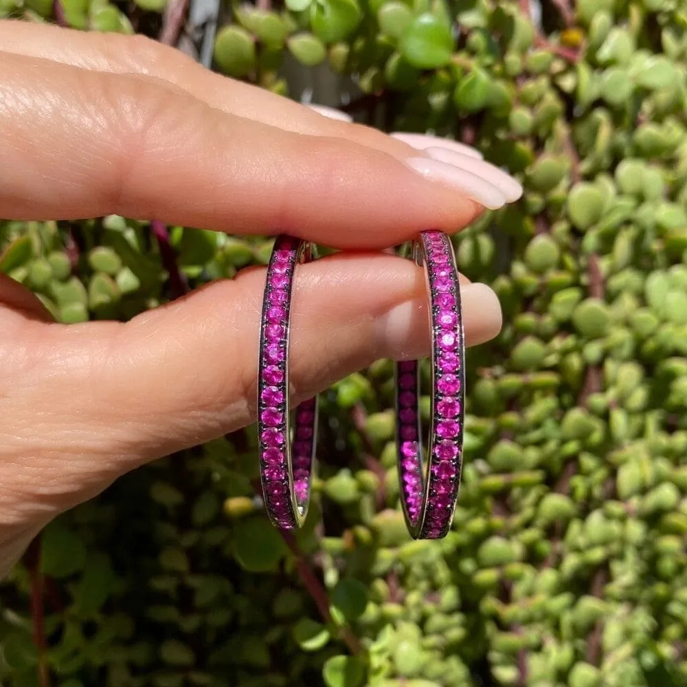18K WG Inside Out Pink Sapphire Hoops 16.4g, 3.7mm x 1.6’ Regard Jewelry Austin, Texas