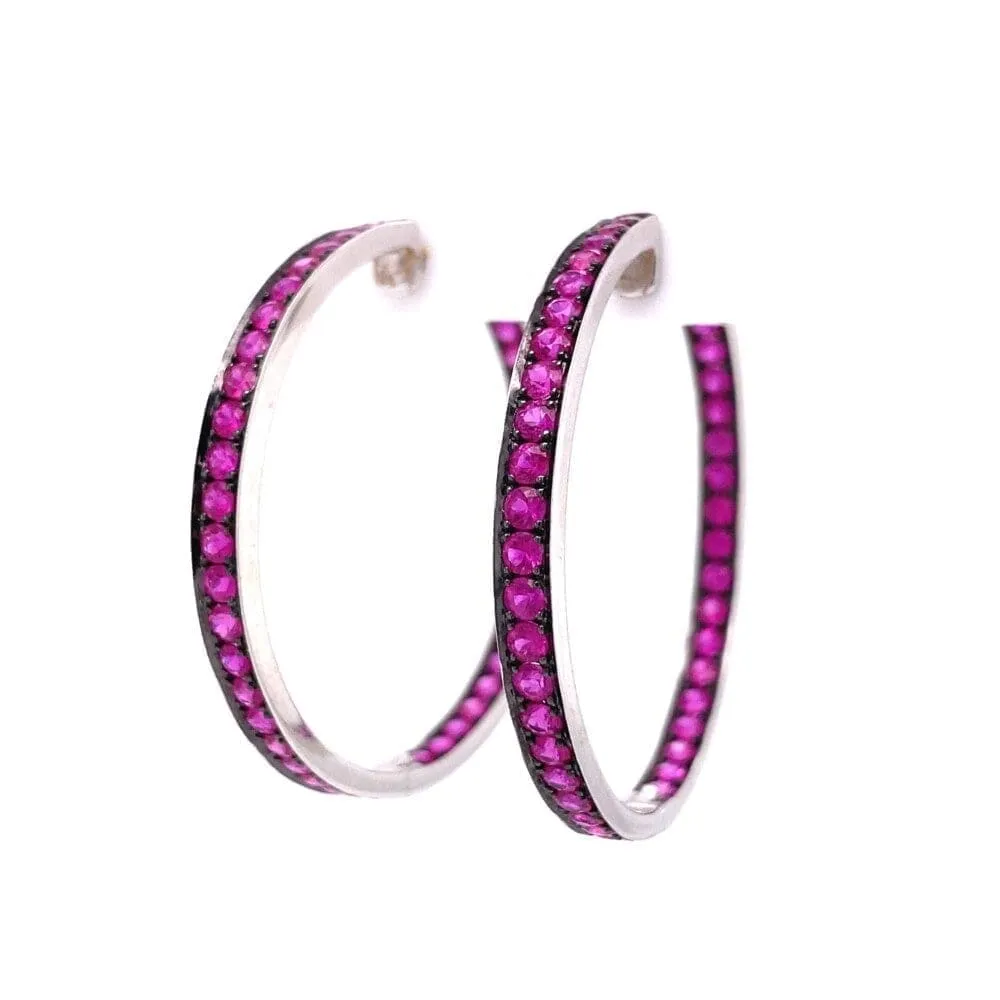 18K WG Inside Out Pink Sapphire Hoops 16.4g, 3.7mm x 1.6’ Regard Jewelry Austin, Texas