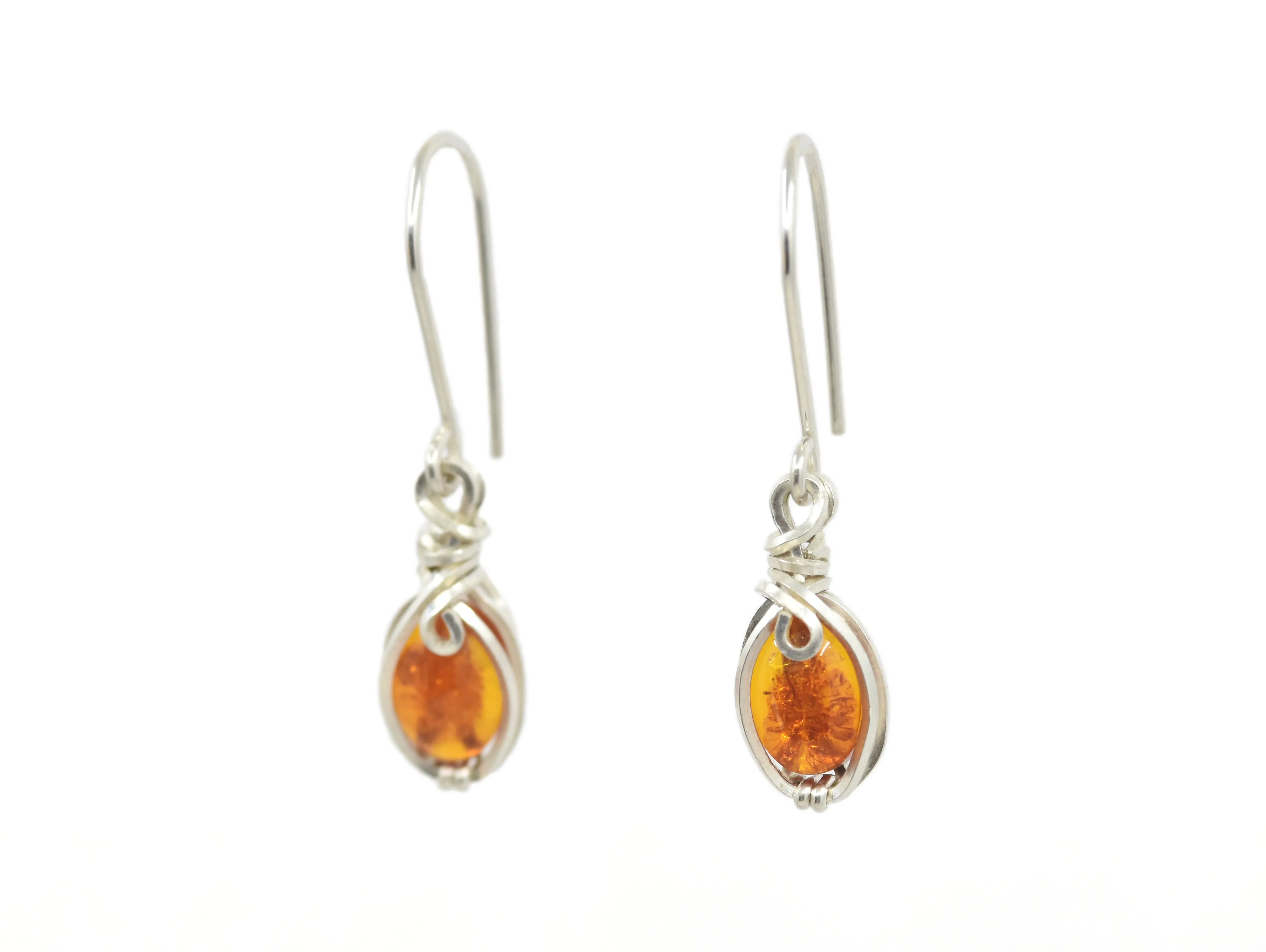 .925 Sterling Silver Wire Wrapped Amber Dangle Earrings