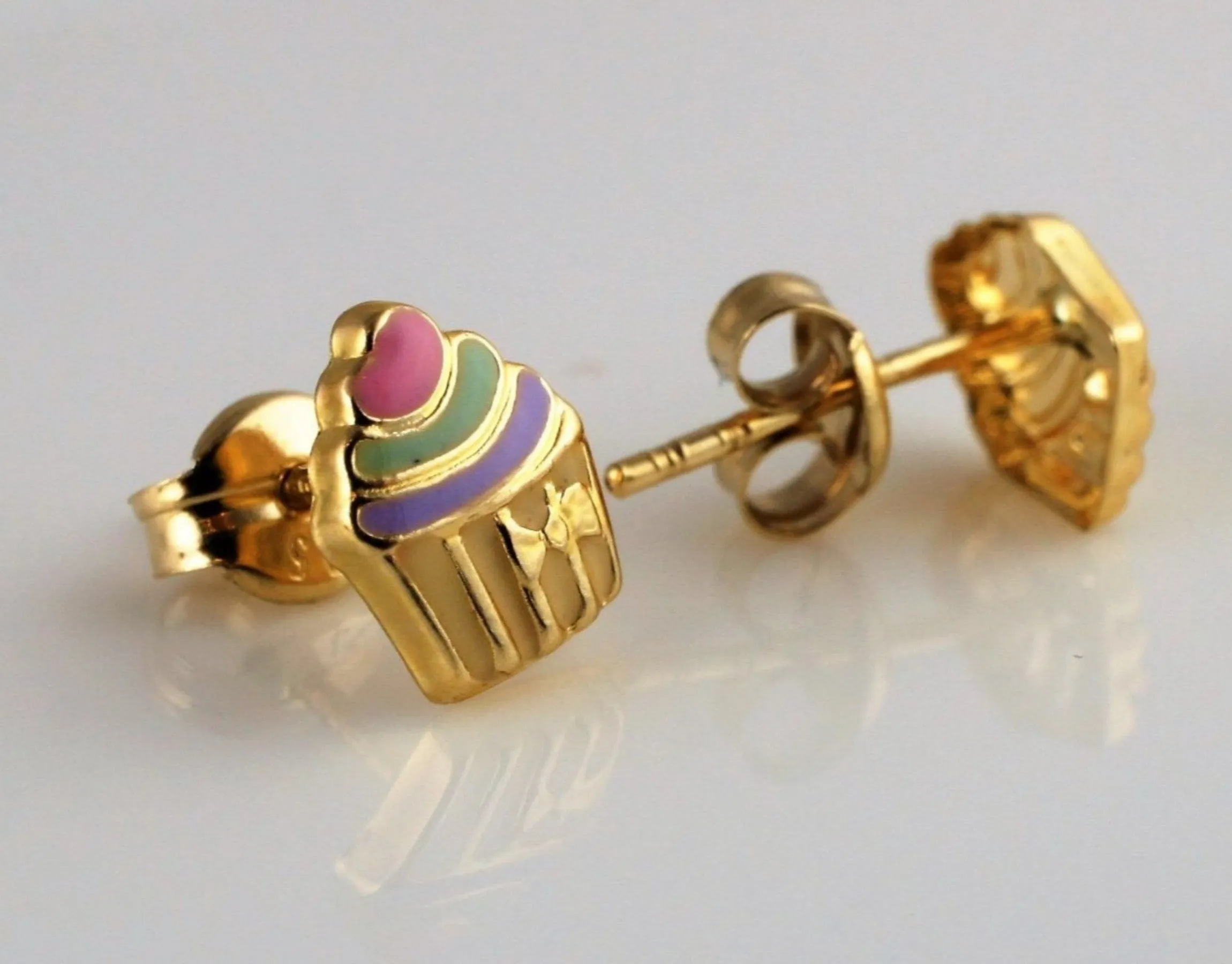 9ct Gold Enamel Cupcake Kids Stud Earrings
