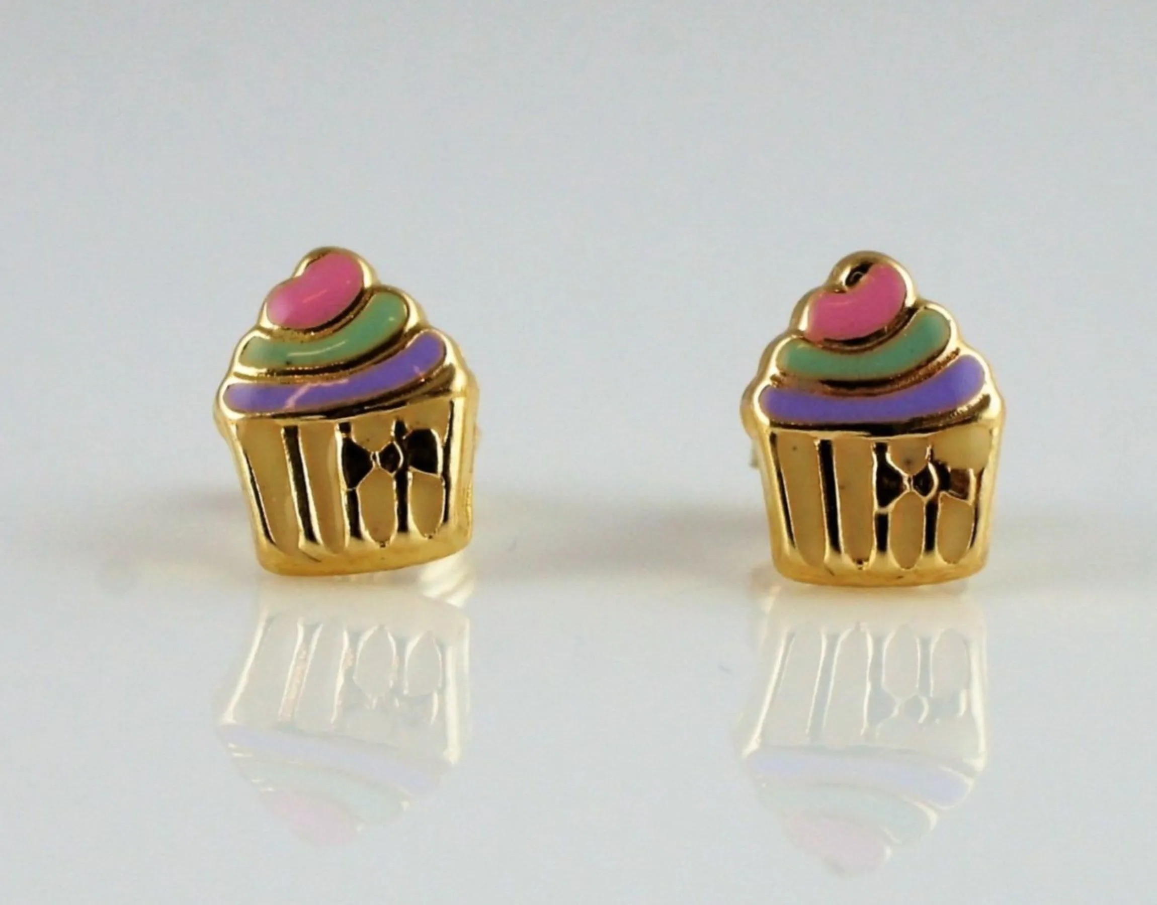 9ct Gold Enamel Cupcake Kids Stud Earrings