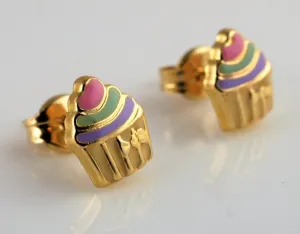 9ct Gold Enamel Cupcake Kids Stud Earrings