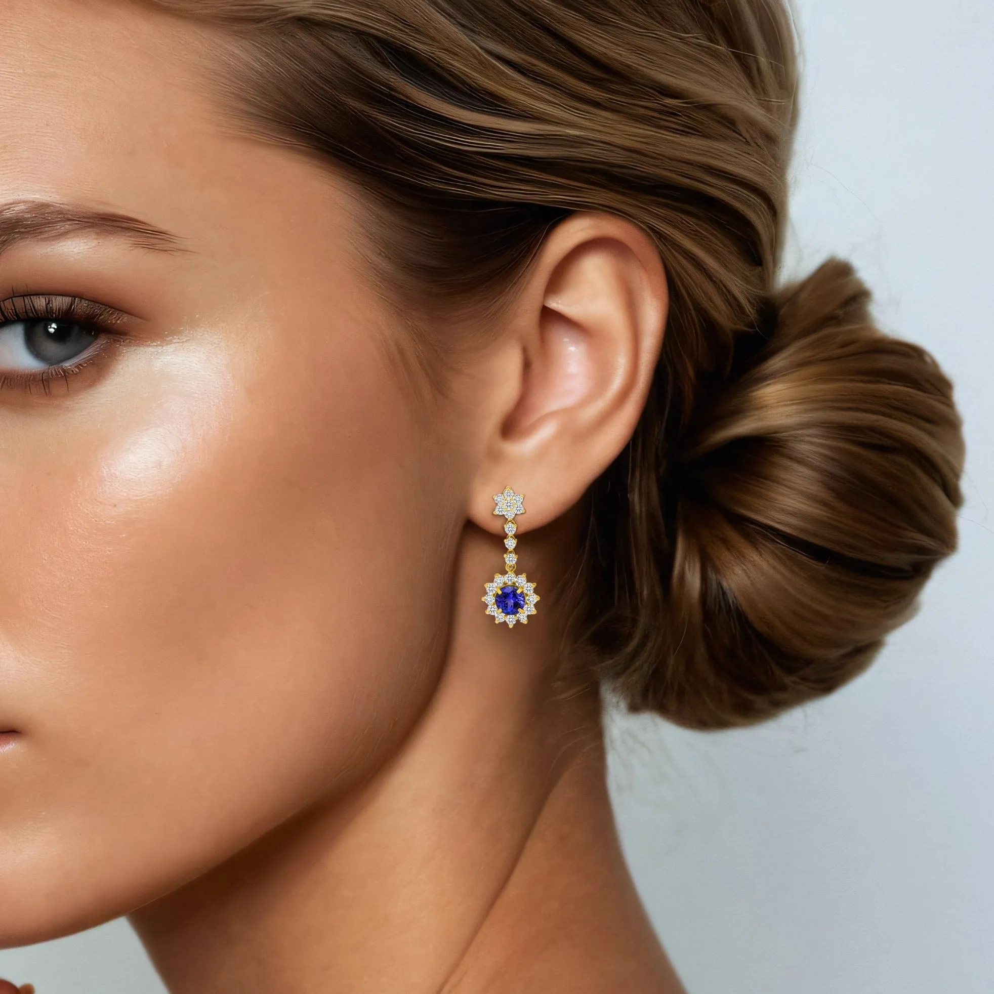 Blue Sapphire 14K Yellow Gold Halo Drop Earrings