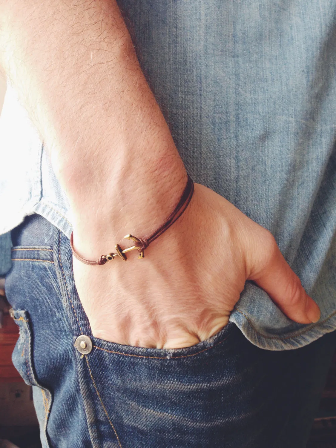 Brown cords bronze anchor bracelet for men, gift for him