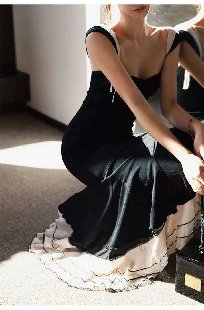 Charming Black Straps Mermaid Elegant Long Evening Party Dress Formal Dress Wholesale