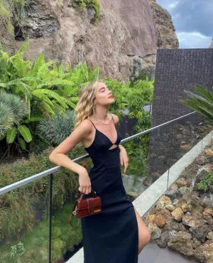 Charming Black V Neck Sheath Long Party Dress with Slit Sexy Evening Dress Formal Dress Wholesale