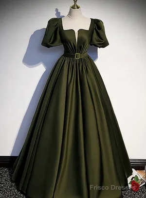 Charming Dark Green Puffy Sleeves Long Evening Gown, Satin Floor Length Prom Dress