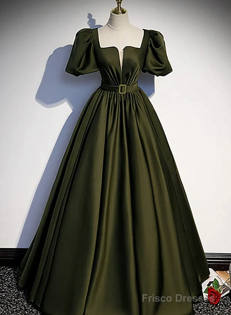 Charming Dark Green Puffy Sleeves Long Evening Gown, Satin Floor Length Prom Dress
