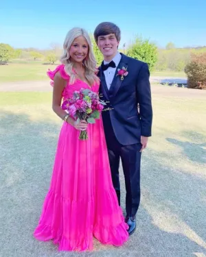 Elegant Hot Pink Ruffle Shoulder Long Prom Dress Charming Evening Party Dress Graduation Dress