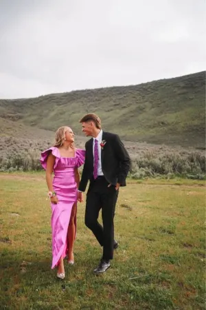 Elegant Square Neck Short Sleeves Long Prom Dress with Slit Charming Party Dress