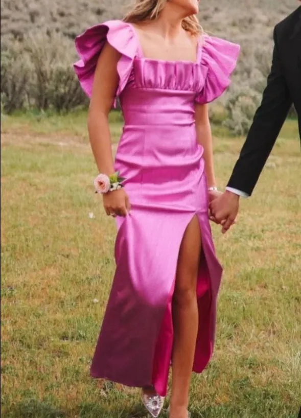 Elegant Square Neck Short Sleeves Long Prom Dress with Slit Charming Party Dress
