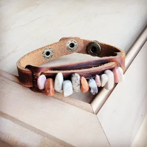 Genuine Leather Narrow Cuff with Aqua Terra Stones 005f