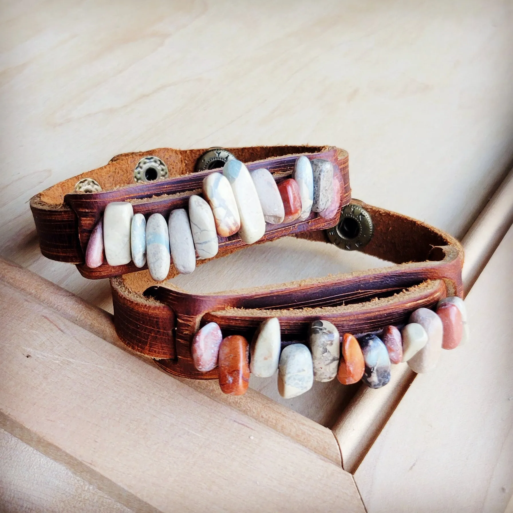 Genuine Leather Narrow Cuff with Aqua Terra Stones 005f