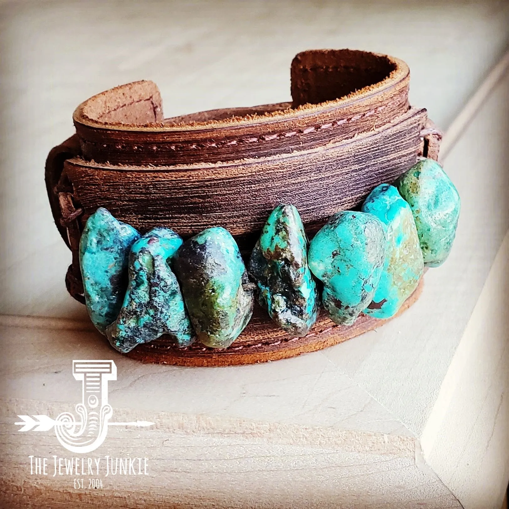 Genuine Leather Wide Cuff Bracelet w/ Large Natural Turquoise Chunks 007u