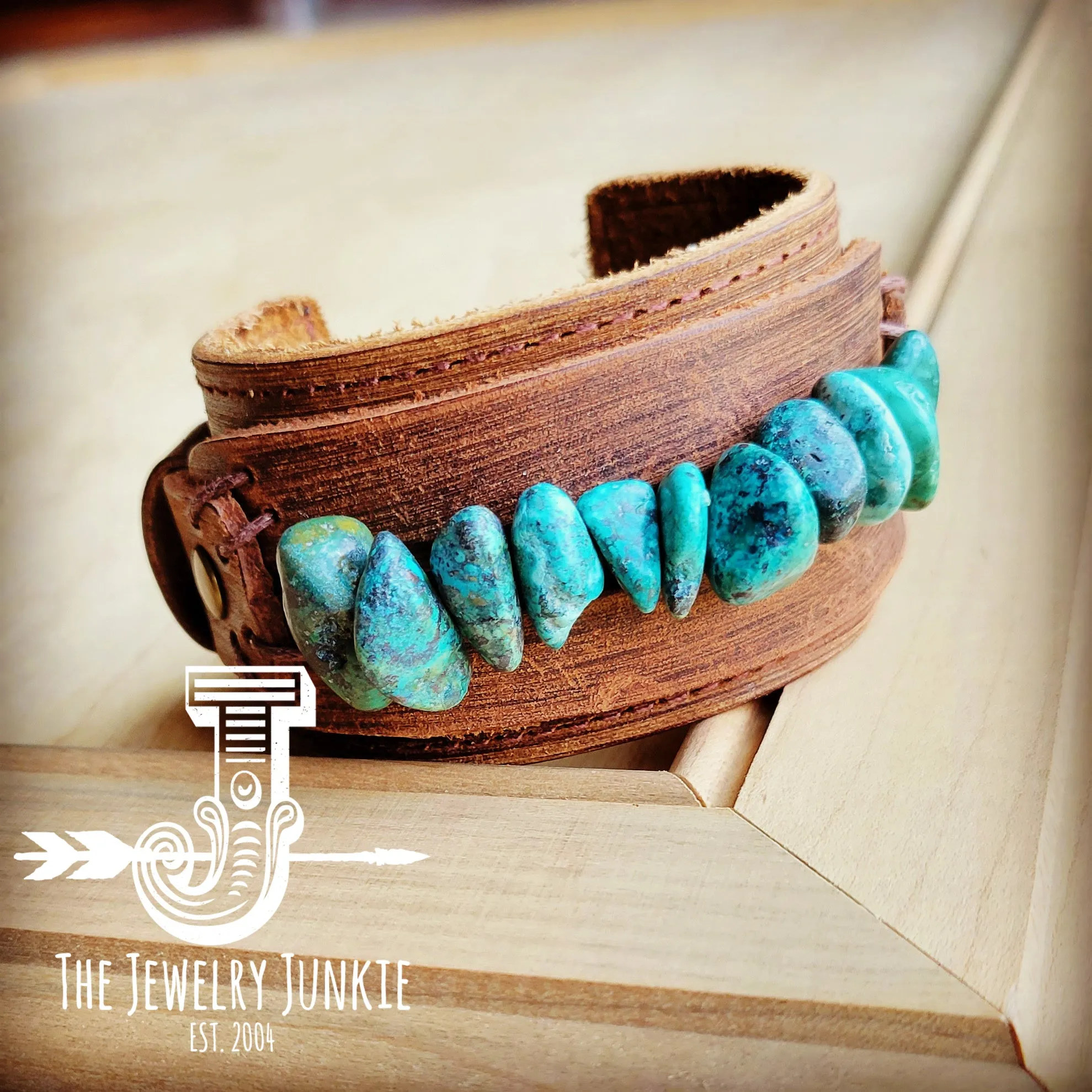Genuine Leather Wide Cuff Bracelet w/ Large Natural Turquoise Chunks 007u