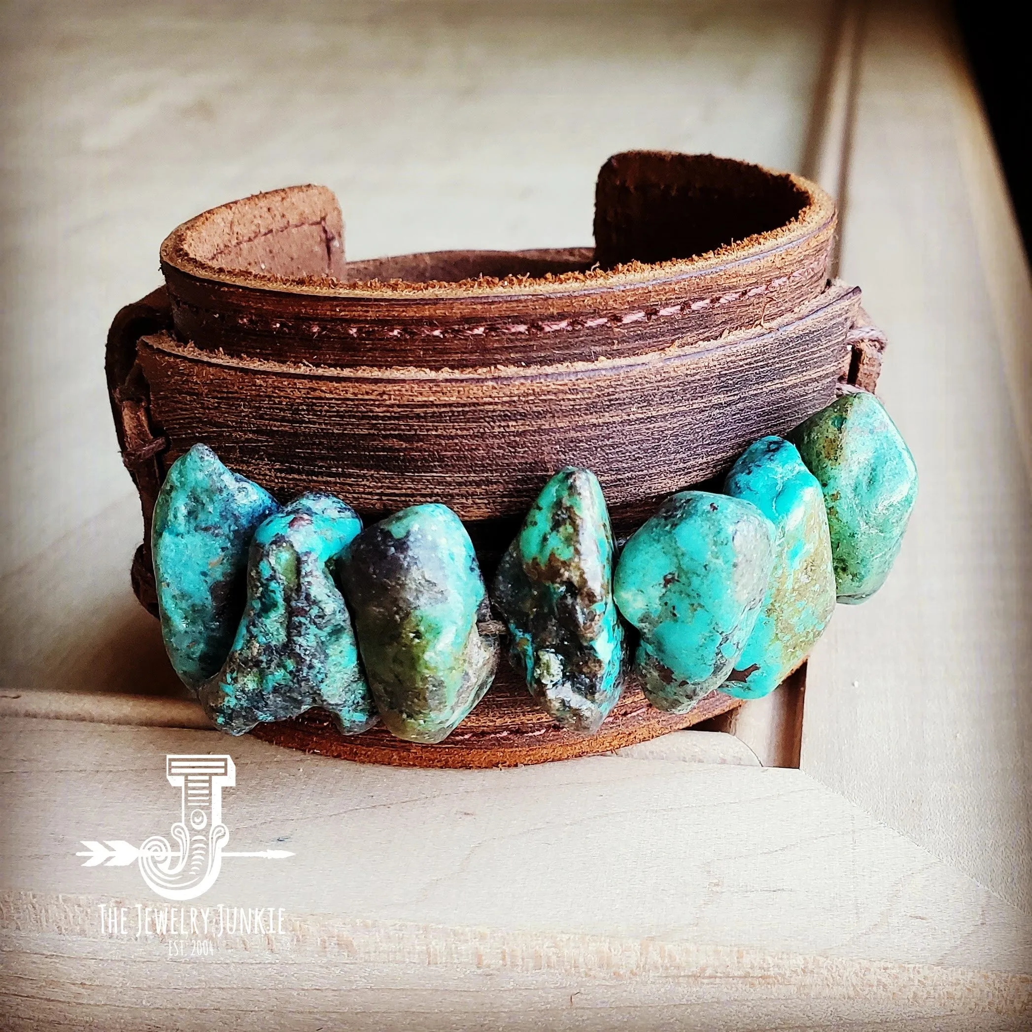 Genuine Leather Wide Cuff Bracelet w/ Large Natural Turquoise Chunks 007u