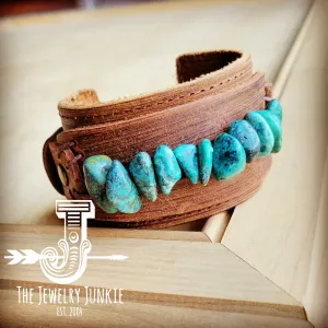 Genuine Leather Wide Cuff Bracelet w/ Large Natural Turquoise Chunks 007u
