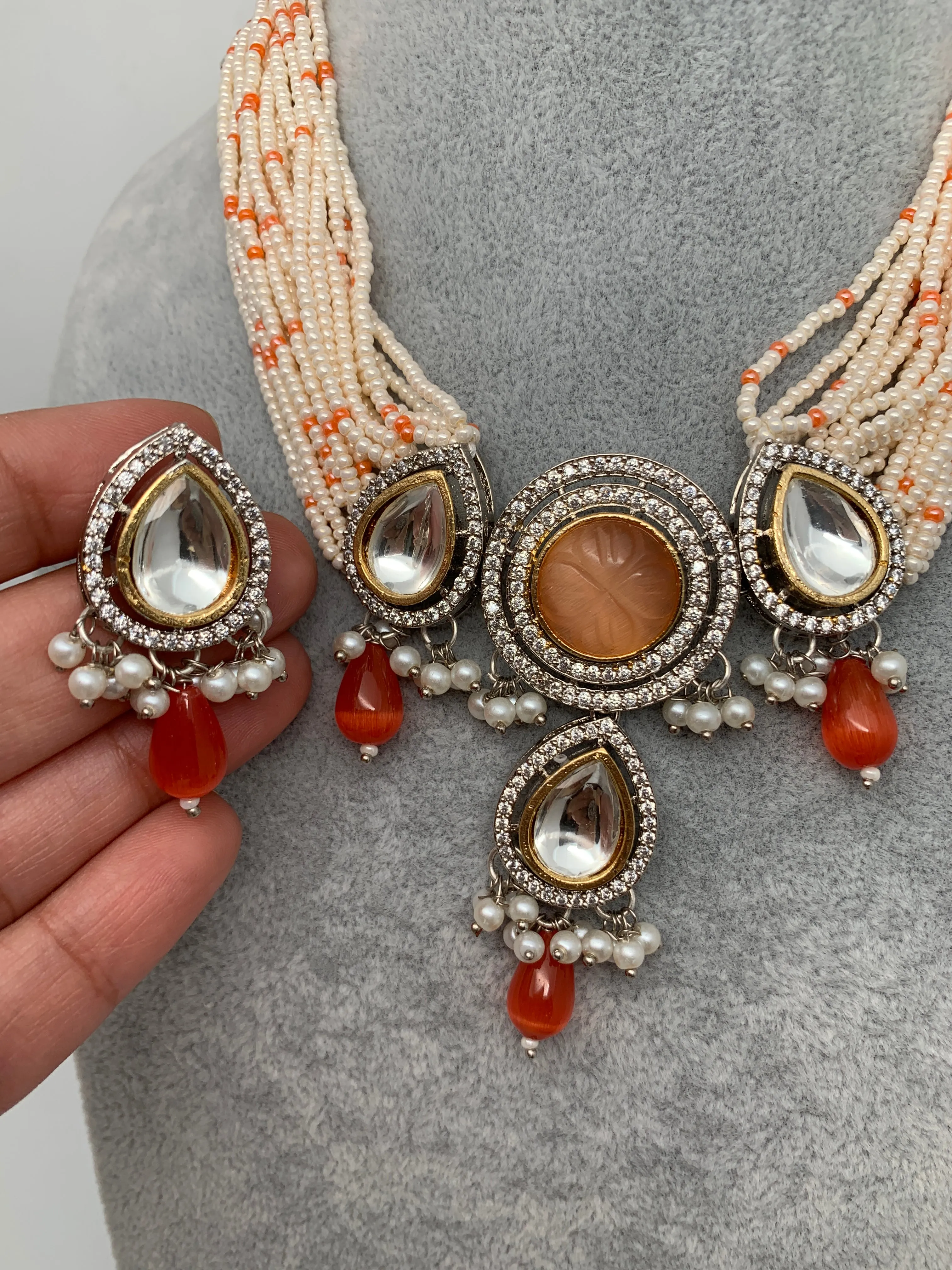 Light Orange Carved Stone and Kundan with Orange Monalisa Sugar Beads Choker