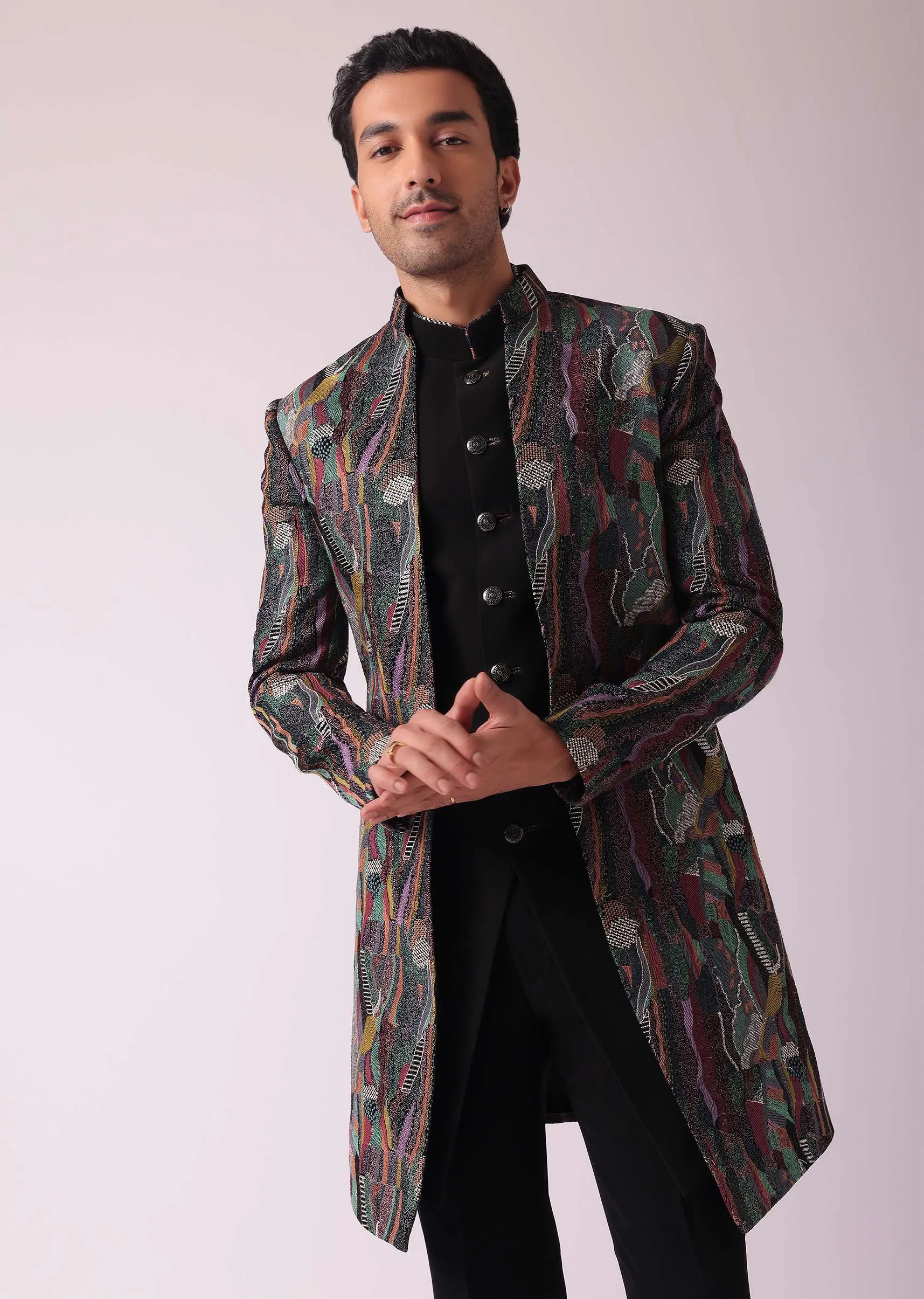 Multicolor Textured Indowestern In Velvet