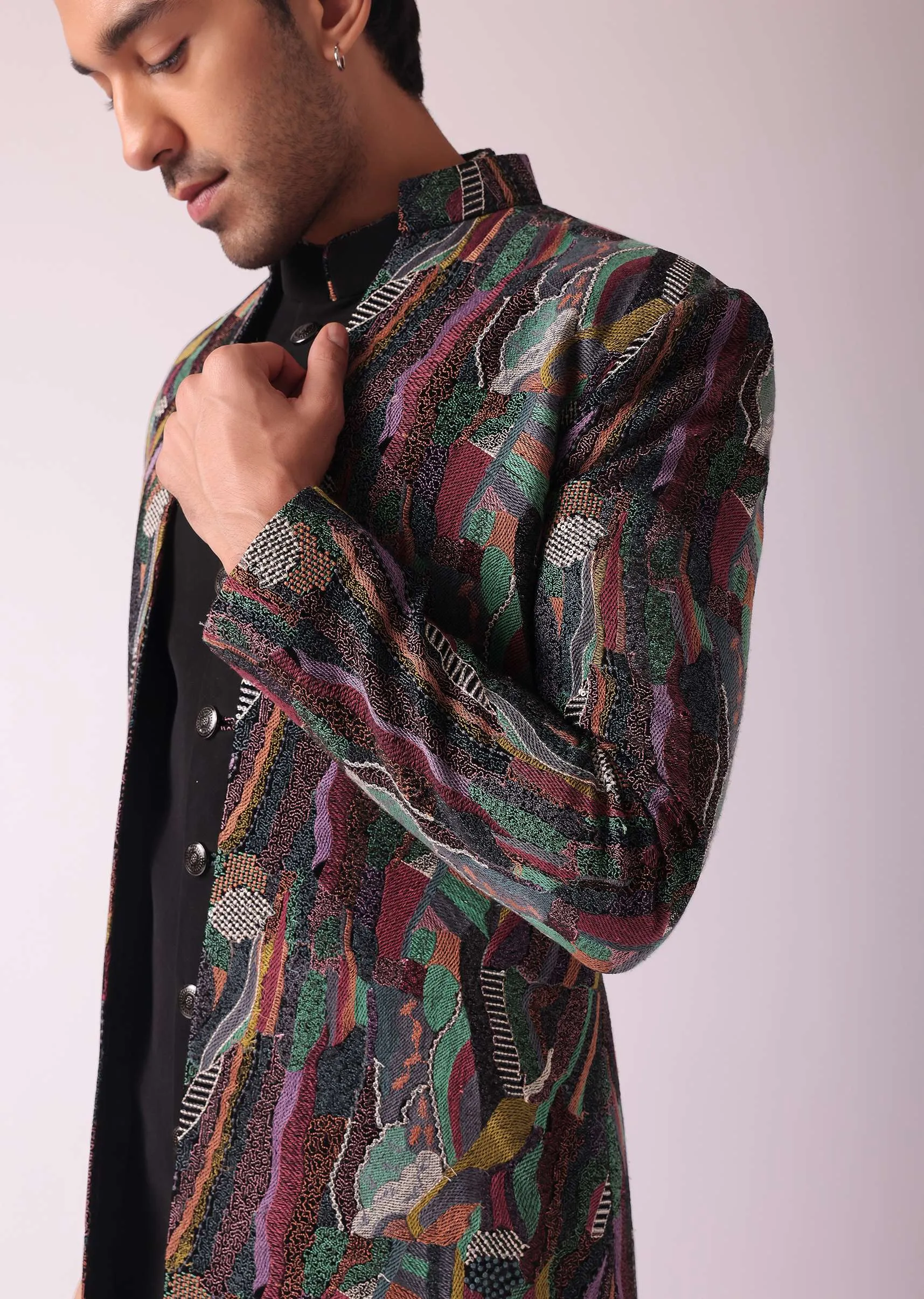Multicolor Textured Indowestern In Velvet