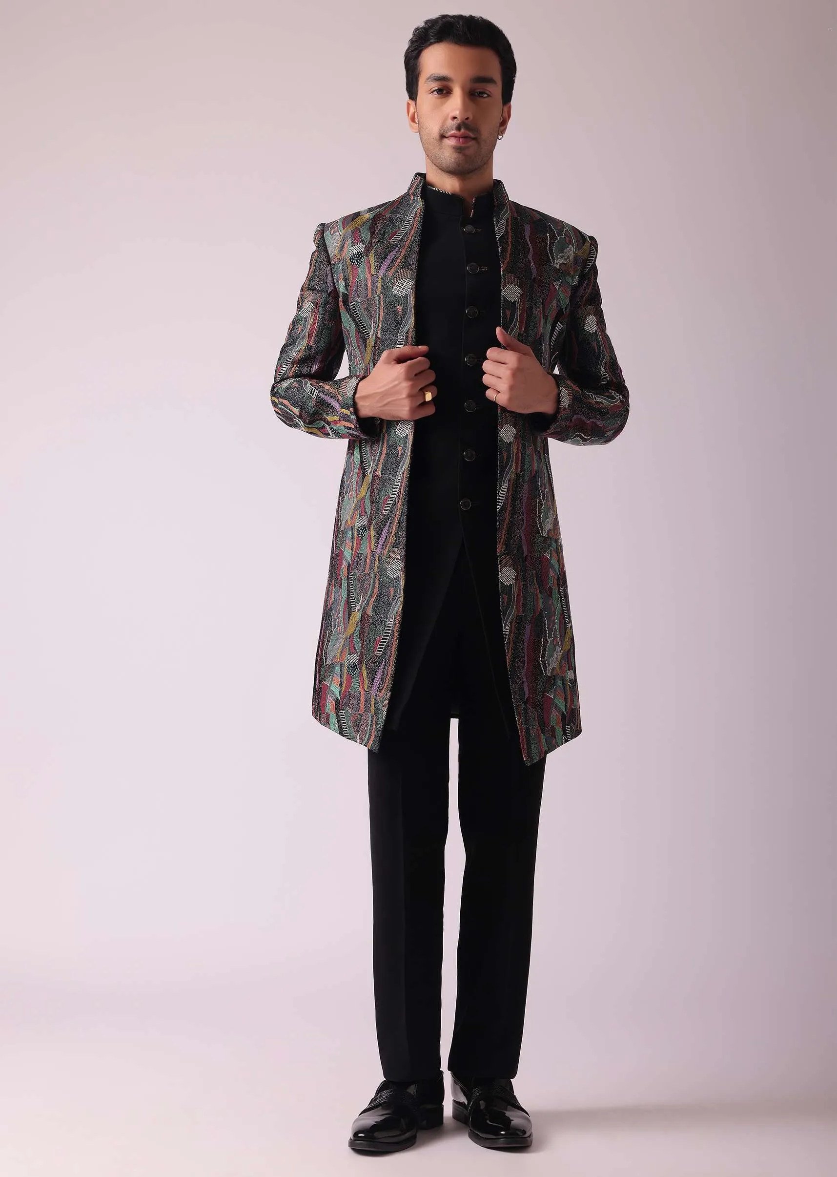 Multicolor Textured Indowestern In Velvet