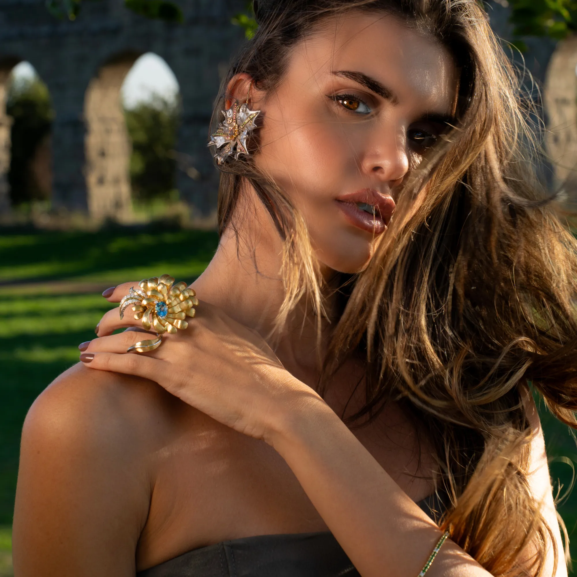 Renaissance Sculptural Cocktail Ring with Blue Topaz & Diamonds