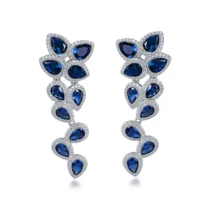 Rhodium Plated Sterling Silver Large Sapphire CZ Floral Earring
