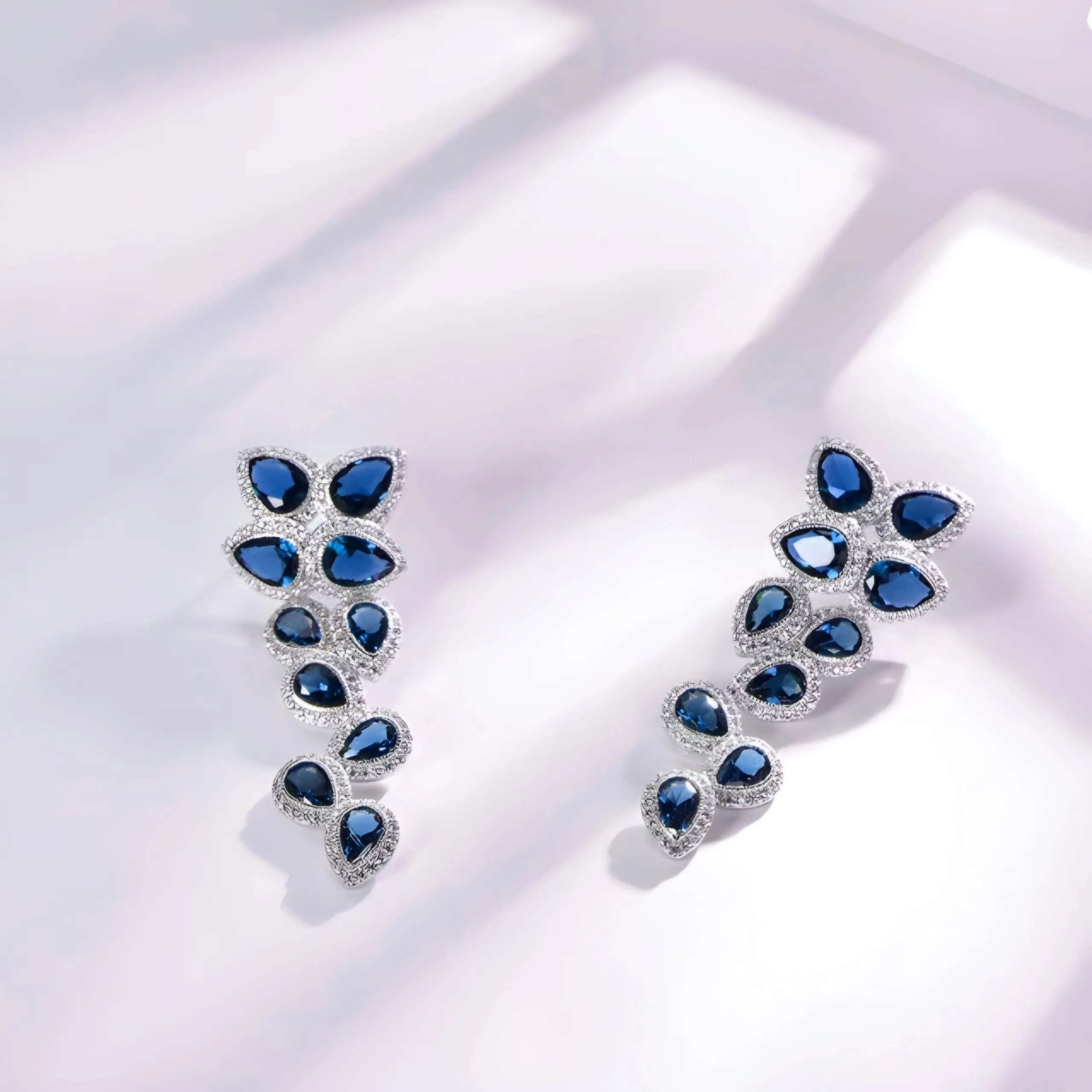 Rhodium Plated Sterling Silver Large Sapphire CZ Floral Earring