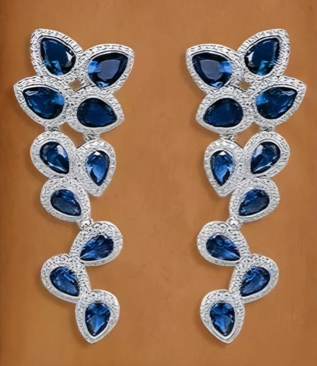 Rhodium Plated Sterling Silver Large Sapphire CZ Floral Earring