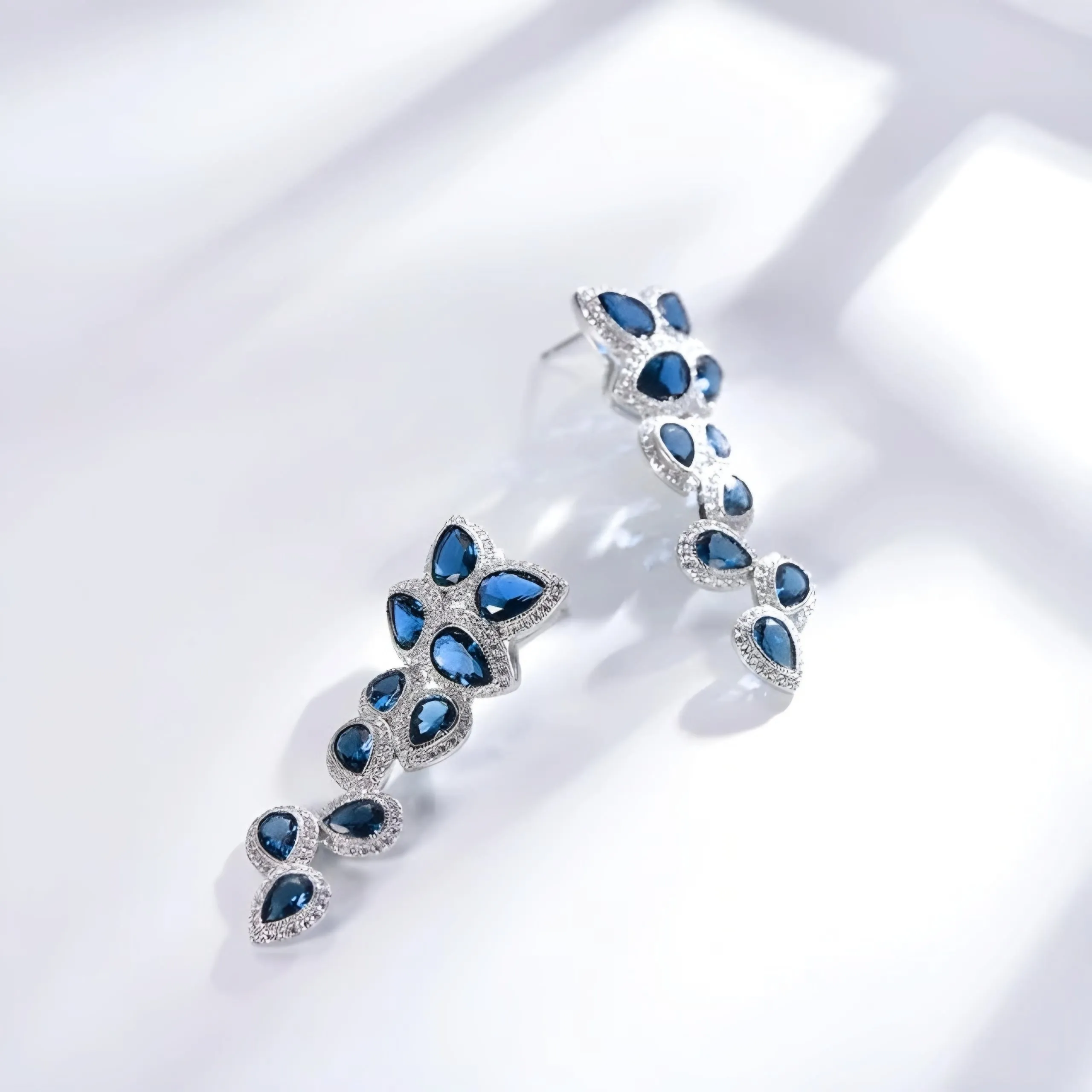 Rhodium Plated Sterling Silver Large Sapphire CZ Floral Earring