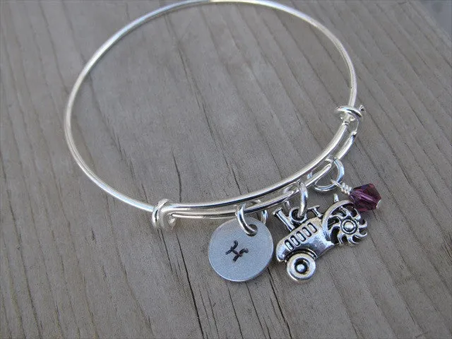 Tractor Charm Bracelet- Adjustable Bangle Bracelet with an Initial Charm and an Accent Bead of your choice